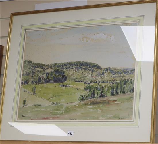 Lord Methuen, ink and watercolour, Wooded valley, signed and dated 1949, 45 x 60cm